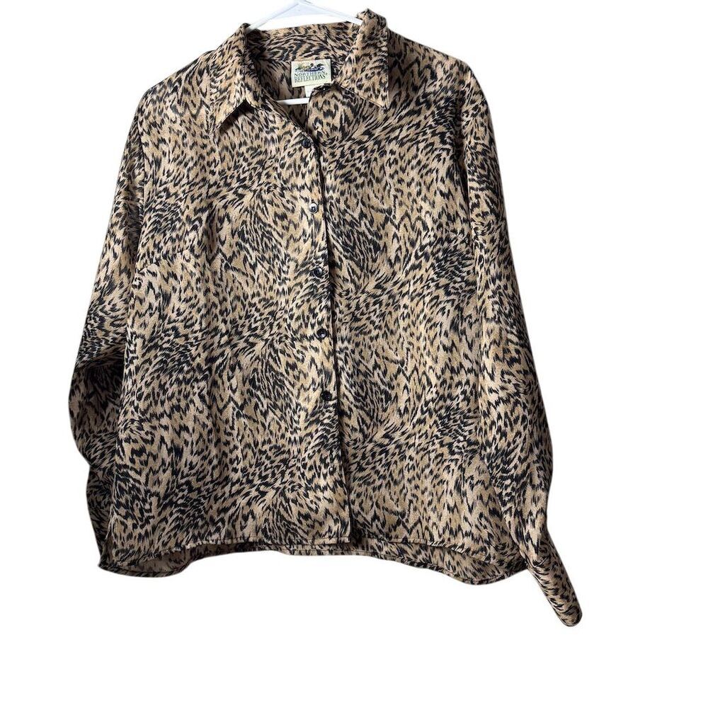 Northern Reflections Animal Print Button‎ Up Blouse Tan Black Long Sleeve Large